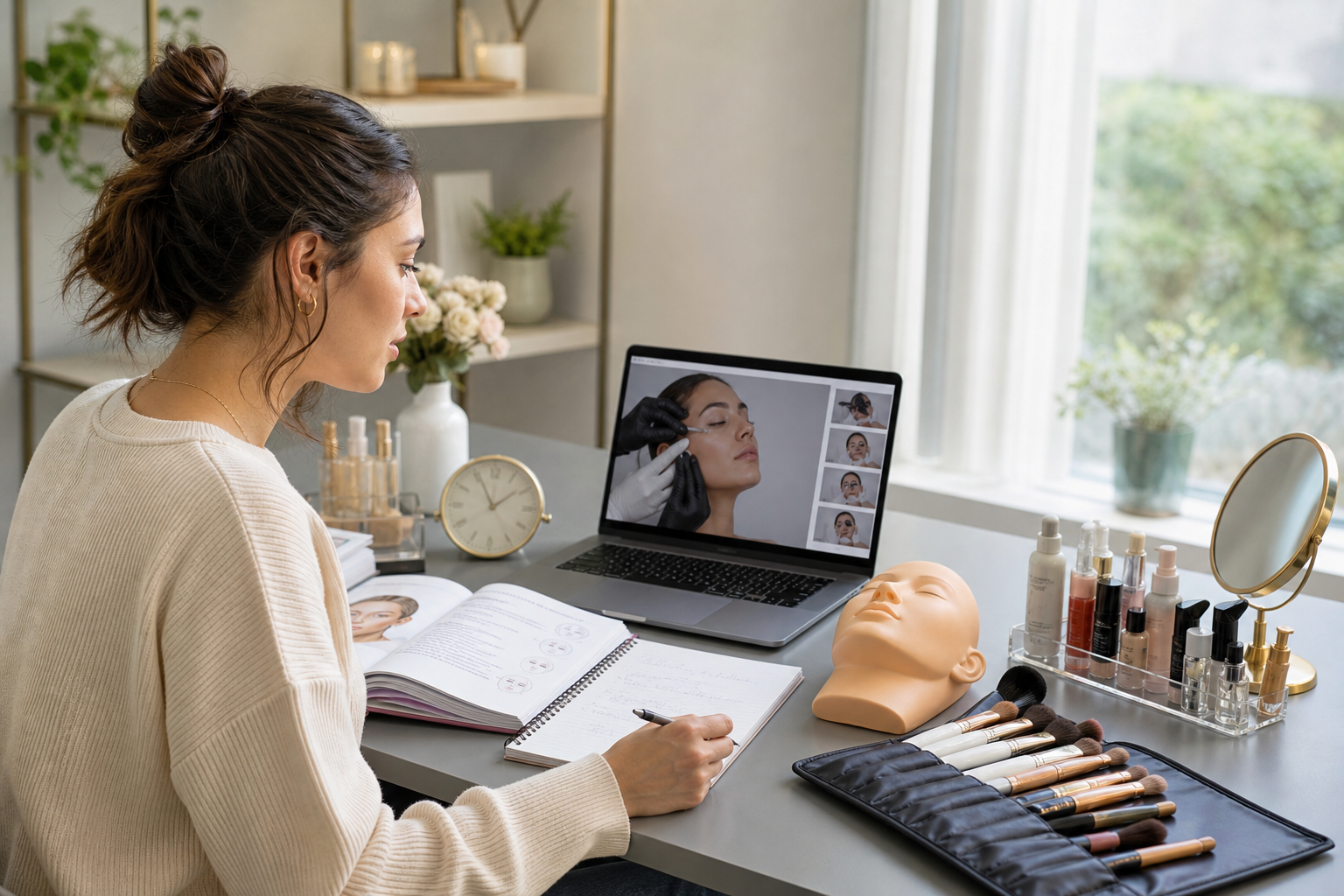 A modern editorial style scene showing a young adult student preparing for a