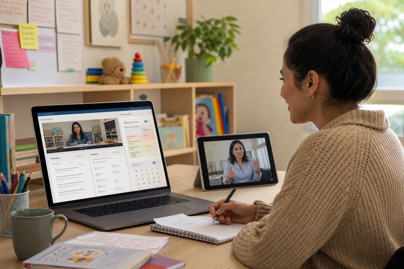 An editorial style scene of a diverse adult student preparing online for an